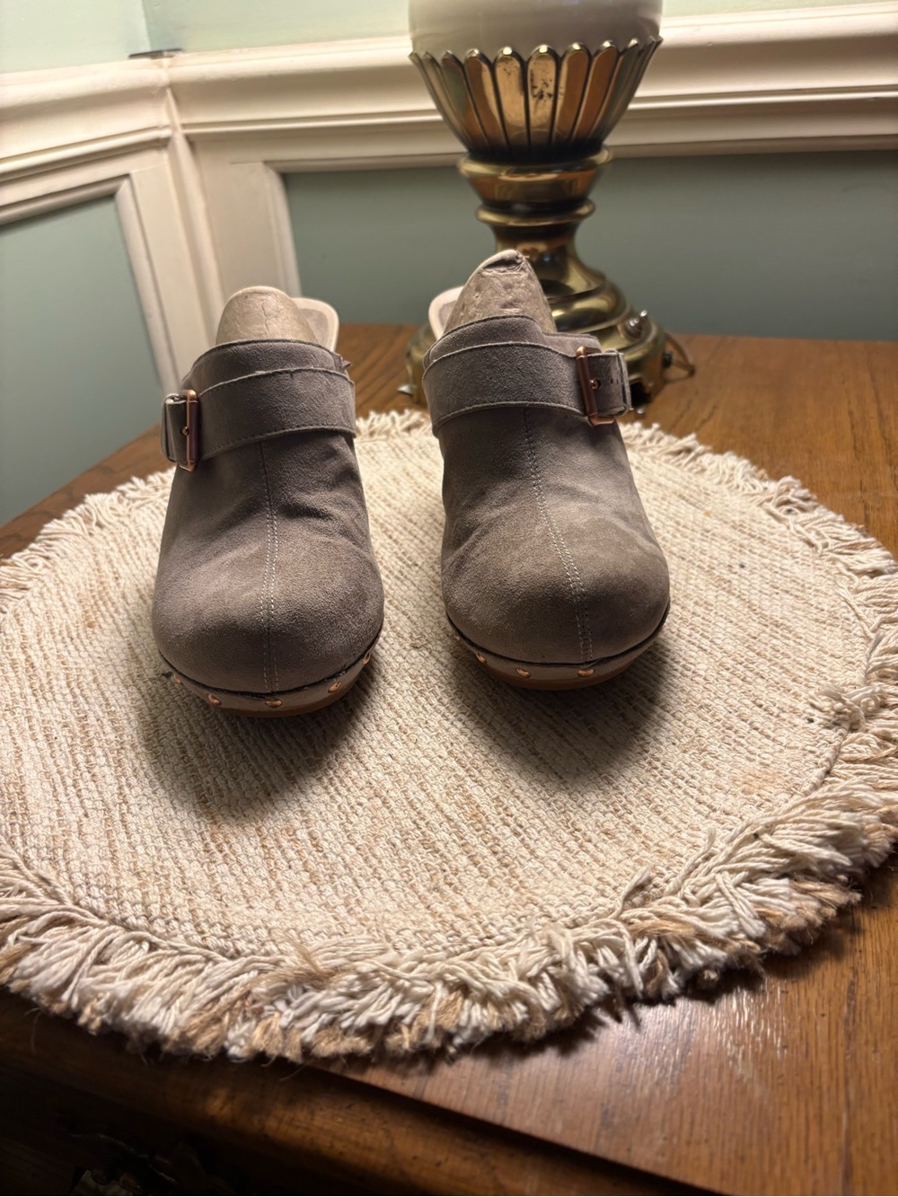Jambu Women 8.5 Suede Buckle-Accent Clog Mules - Taupe